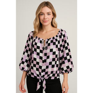 Cato Women's Blouse 18/20W Purple Black Tie Waist Gathered Neck Eclectic Grandpa